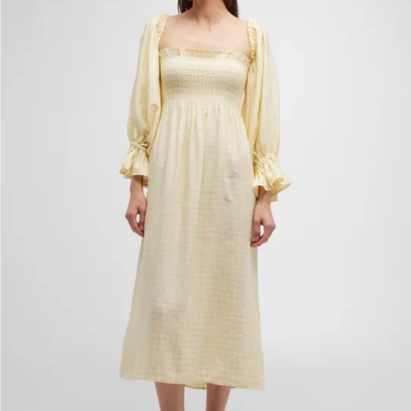 Sleeper Atlanta Linen Dress | Long Sleeve Midi Dress Yellow Gingham - Picture 1 of 8